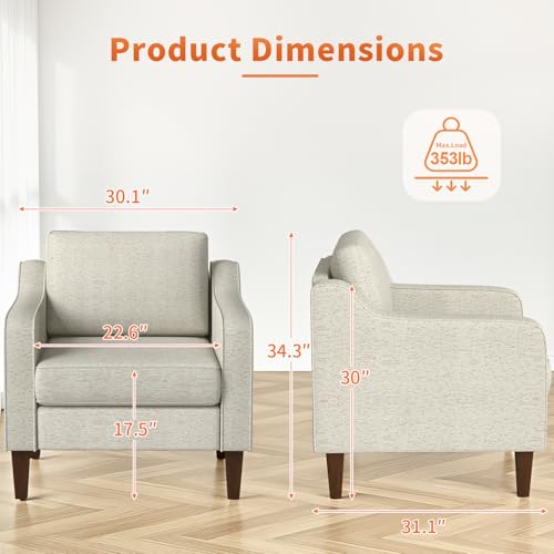 Image of FDW | Accent Chair | Upholstered Arm Chair | Spring Cushion High Density Foam | Durable Wood Legs | Mid-Century Modern Design | Fabric Beige | Living Room, Bedroom, Reading Room, or Apartment