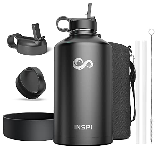 INSPI Insulated Water Bottle, 128oz Gallon Water Jug with Straw & Spout & Handle Lids, Carrying Pouch and Silicone Boot, Wide Mouth Water Flask, Cold Hot Sports Large Thermo Water Bottles, Black