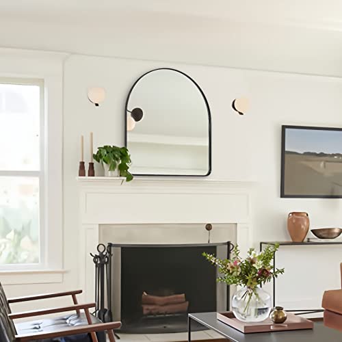 Andy Star Arched Mirror, 26" X 28" Black Bathroom Mirror In Stainless Steel Metal Frame, Arch Top Rounded Corner 1" Deep Set Design Wall Mount Hangs Vertical #TOP1