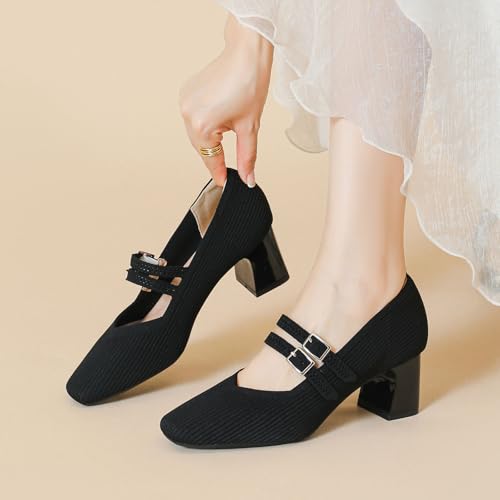 Women's Pumps Chunky Heels Pointed Toe Knit Comfortable Casual Work Office Dress Shoes2