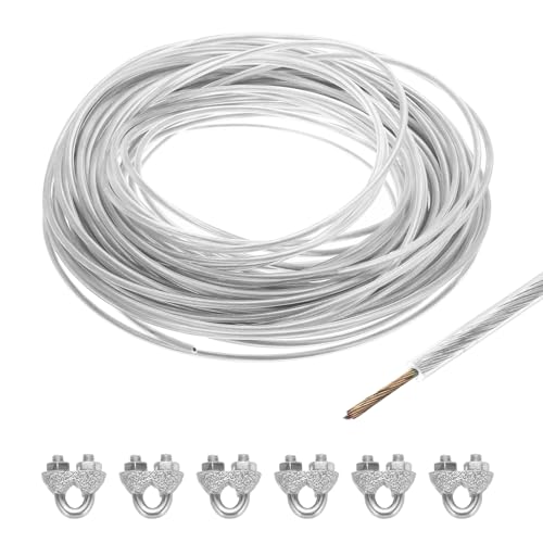 MECCANIXITY 4mm (5/32 inch) Clear Vinyl Coated Wire Rope, 30m /98ft Galvanized Steel Cable Wire Rope with 6PCS M5 Loop Sleeves for String Light Hanging, Deck Railing, Garden Wire