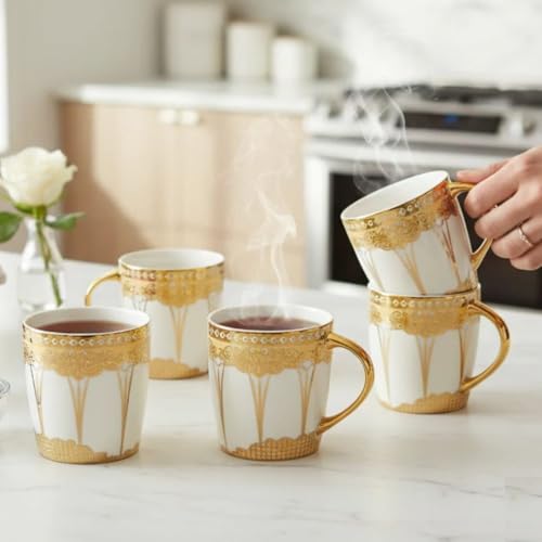 Image of Clay Craft Fine Ceramic Tea Cups Set of 6| 140 Ml Gold Print Cups with Handle | Elegant Design for Tea| Coffee| Home| Office & Gifting