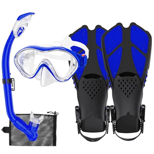 HH HHAO SPORT Kids Snorkeling Set with Fins Anti Leak Snorkeling Gear for Kids with Adjustable Flippers, Youth Junior Full Dry Snorkel Set Swimming Goggles with Nose Cover Diving Mask Scuba with Bag