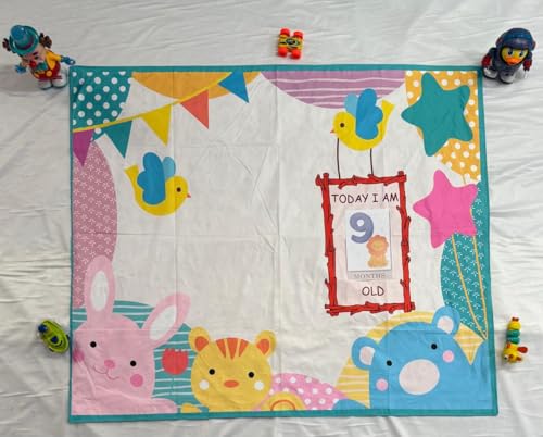Image of Growth Keepsake Baby Blanket 51 * 43 Inch Animal Theme Monthly Age Marker Blanket Cute Bunny Bear Bird Print Background Washable Foldable Infant Play Mat