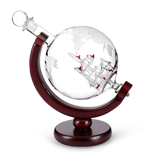 Cabilock Whisky Decanter Globe Set with Glass Wood Caoba Base Tray Dispensador de Whisky para Licor Antiguo Barco Whisky Scotch Bourbon Vodka