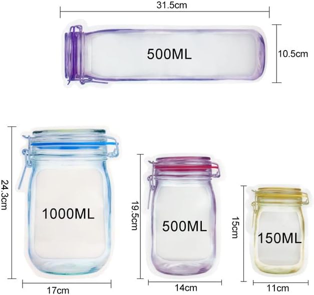 Miniatura 7 de Bolsas reutilizables para botellas de masón, juego de 40 bolsas con cremallera, bolsas de almacenamiento de alimentos, bocadillos, sándwich, bolsas