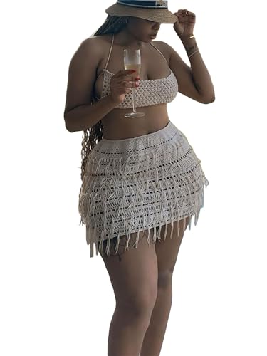 Image of CALEBGAR Women 2 Piece Outfits Sexy Crochet Mini Dress Hollow Tassel Skirts Sets Summer Bandage Tube Tops