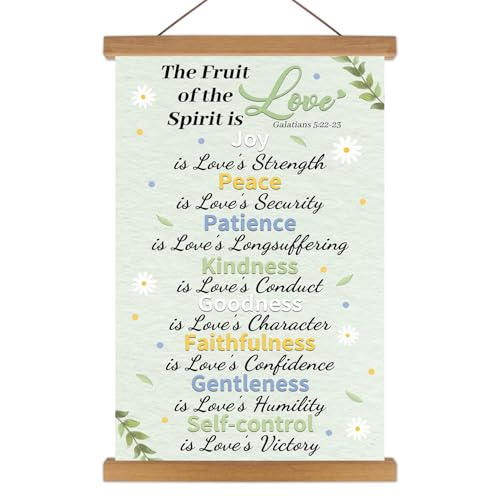 KAlRNE Fruit of The Holy Spirit Poster,Christian Wall Art,Fruit Bible Verse Canvas Hanging Kit,Inspirational Wall Decor,Motivational Poster With Wood Magnetic Hanger for Bedroom Classroom Decoration