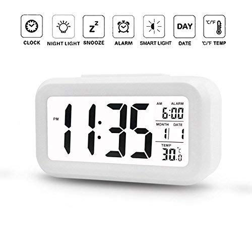 Alarm Clock Digital Large LCD Display Battery Operated Modern Portable Morning Sensor Smart Snooze Back-Light Multi-Function Clock Time Date Month Temperature for Office Bedroom Dormitory (White)