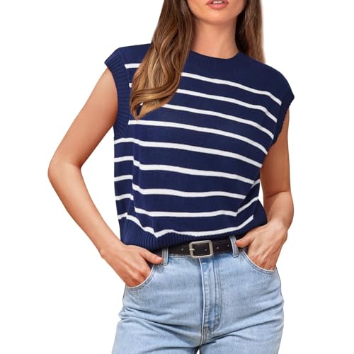 Image of Wowcarbazole Women's Striped Sweater Vest Summer Sleeveless Crew Neck Pullover Knit Tops Casual Trendy Crop Top