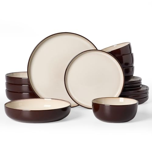 Image of Famiware Milkyway Stoneware Dinnerware Set, 16-Piece, Including Pasta Bowl, Double Reactive Glaze, Plates and Bowls, Service for 4, Microwave and Dishwasher Safe, Light khaki & Cocoa