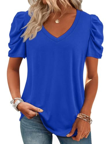 ATHMILE Womens Summer Shirt V Neck Casual Tshirts Puff Sleeve Tops for Women Trendy 2025 Tunic Solid Color