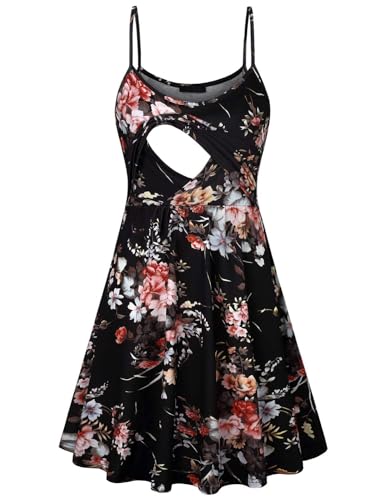 Qnursma Vestido floral de maternidad de verano con tirantes delgados, lactancia materna, 28 Black Floral, Small