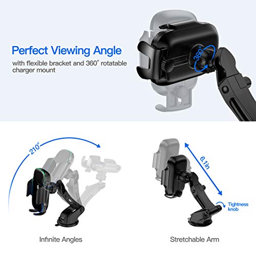 KLT Wireless Car Charger Mount 15W Qi Fast Charging Auto-Clamping Windshield Dash Air Vent Car Phone Holder Compatible with iPhone 12 Pro/XS/X/XR, Samsung S10/S9/S8/S8+