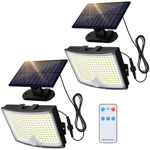 Adiding Solar Outdoor Lights, 202 LEDs Flood Lights with 16.4 ft Cable, Remote Control Solar Motion Sensor Outdoor Lights, 3 Modes Solar Powered Security Lights for Outside Patio, Yard, Garage, 2 Pack by Adiding - Used condition - US$32.44