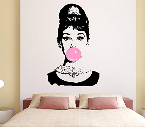 zxddzl Audrey Hepburn Bubble Gum Beauty Hair Salon Etiqueta de la Pared Art Vinyl Home Decor Etiqueta de la Pared Inteior Mural 57x70 cm