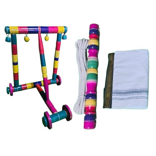 Image of IAgri Wooden Walker, woodern thottil kambu with Rope (Multi-Colour) & Cotton Dhotie