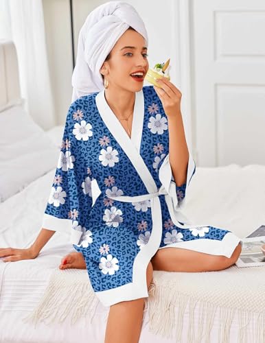Image of Ekouaer Robes for Women Knee Length Bathrobe Lightweight Kimono Robe 3 /4 Sleeve Knit Sleepwear with Pockets