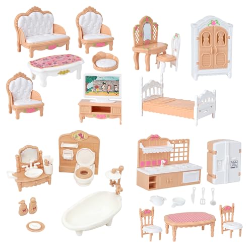 Dolls House Accessories - 36Pcs Complete Miniature Furniture Set Realistic Bedroom Living Room Kitchen Bathroom Decor Full Kit Dolls House Furniture Stylish Wooden Dolls House Furniture Style