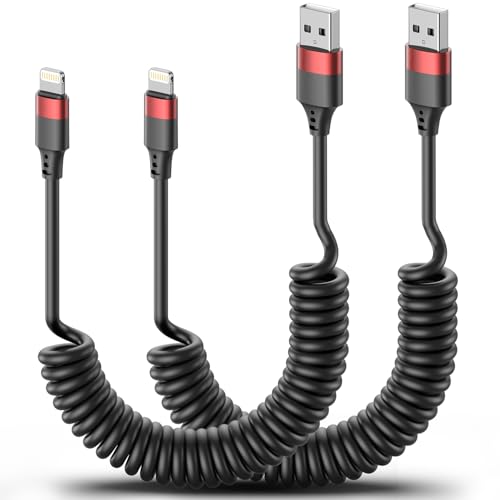 Coiled USB to Lightning Cable for Car 2 Pack Retractable Lightning Cable Coiled iPhone Charger Cord Fast Charging for iPhone 14 13 12 11 Pro Max Mini 10 8 Plus XR SE AirPods [MFi Certified]