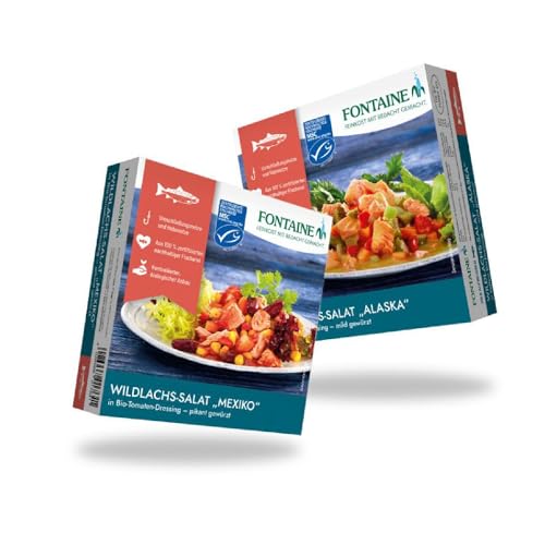 Fontaine - Wildlachs-Salat Bundle - 2 Sorten (je 3 Dosen) - 6er Pack - Premium Lachsfilets als Asia- oder Mexico Salat, mit Bio-Gemüse, aus 100% nachhaltiger Fischerei