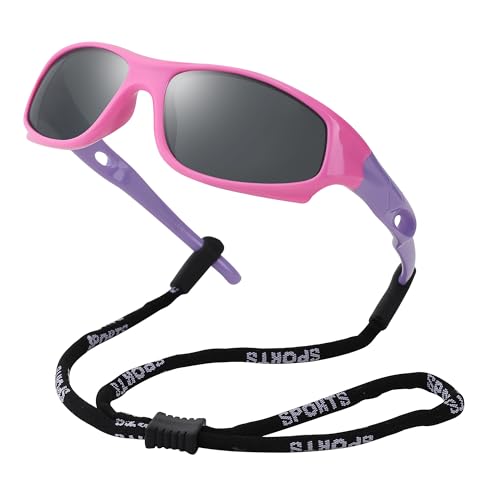 Pro Acme Kids Sunglasses for Boys Girls, Polarized Sports Child Youth Baseball Sunglasses with Strap for Kids Ages 3-12 (Pink/Purple)