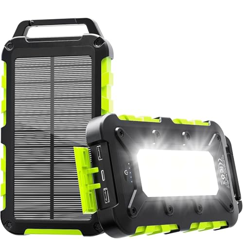 Solar Powerbank 26800mAh PD 15W Tragbares powerbank solar USB C Outdoor Wasserdichtes Externer Akku mit LED-Licht und 3 Ausgängen Solar Ladegerät für Smartphones, Tablets, Camping und mehr, Grün