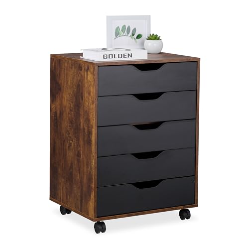 Relaxdays Mesa Impresora, 5 Cajones, 66,5x48x39,5 cm, Cajonera Oficina con Ruedas, Mueble Despacho, Marrón, Engineered Wood, Negro Industrial