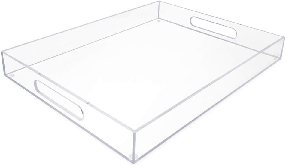 Isaac Jacobs Clear Acrylic Serving Tray (14x18) with Cutout Handles, Spill-Proof, Stackable Organizer, Space-Saver, Food & Drinks Server, Indoors/Outdoors, Lucite Storage Décor & More