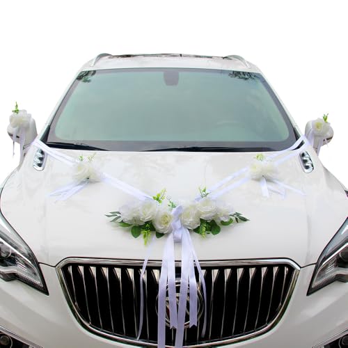 XPJBKC Autoschmuck Hochzeit Motorhaube Auto Deko Hochzeit mit Autoschleifen Auto Hochzeitsschmuck Künstliche Rosenautodekoration mit Schleifenband