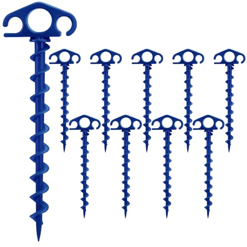 COBARYEN Tent Stakes Ground Anchors Screw in 10 Pack Sand Stakes for Beach 9.4 Inch Heavy Duty Spiral Tent Pegs for Camping Party Hiking Outdoor Decoration (10 Blue)