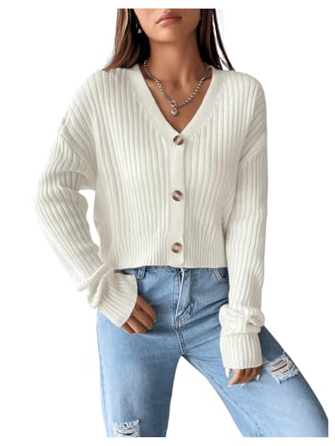 Image of SHENHE Women's Ribbed Knit V Neck Button Down Long Sleeve Drop Shoulder Cardigan Sweater