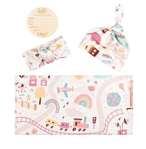 Image of Newborn Swaddle Sets with Headband Beanie and a Name Card Baby Snug Wrap Receiving Blanket for Baby Boys Girls (White)