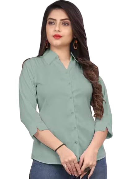 Image of Women's Cotton Blend Solid Formal Shirt with 3 /4 Sleeves-Navy Blue P4
