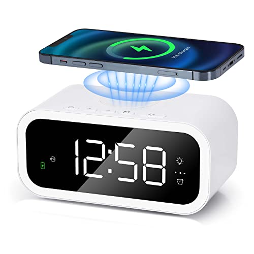 Digital Alarm Clock with Wireless Charging,Alarm Clocks Bedside,15W Fast Wireless Charger Clock with 3 Alarms,Warm Light,USB Charging Port,12/24H,Modern Digital Clock for Bedrooms Living Room Office