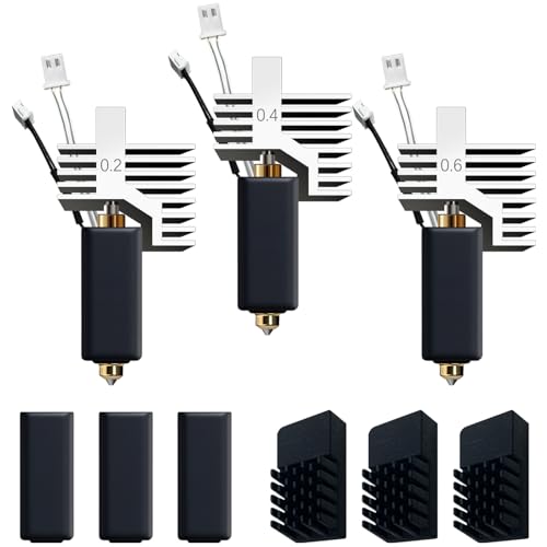 Image of for ELEGOO Centauri Carbon Hotend Kit (3pcs), Pre-Installed 0.2mm /0.4mm /0.6mm Brass Hardened Steel Nozzle, Extruder kit Has Pre-Installed Heat Sink,with 3PK Silicone Socks and 3PK Nozzle Wipes