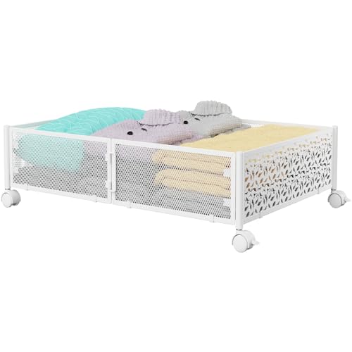 Image of Under Bed Storage Containers with Wheels - Shoe Storage Organizer Drawer, Tool-free Assembly Metal Underbed Storage for Bedroom Clothes, Shoes, Blankets - White
