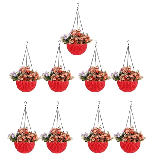Image of Go Hooked Pots | Plastic | Hanging Pot | Red | Pot Diameter- 7.1 Inch | Pot Height-4.8 Inch | Pot Thickness-3 mm | Chain Length-13 inch Approx. | 9 Pieces