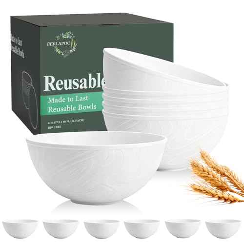 Image of Wheat Straw Cereal Bowls 40 OZ, Unbreakable Bowls Set of 6, Microwave & Dishwasher Safe Bowl for Kitchen, Reusable Plastic Bowl for Cereal, Soup, Salad and Ramen, White