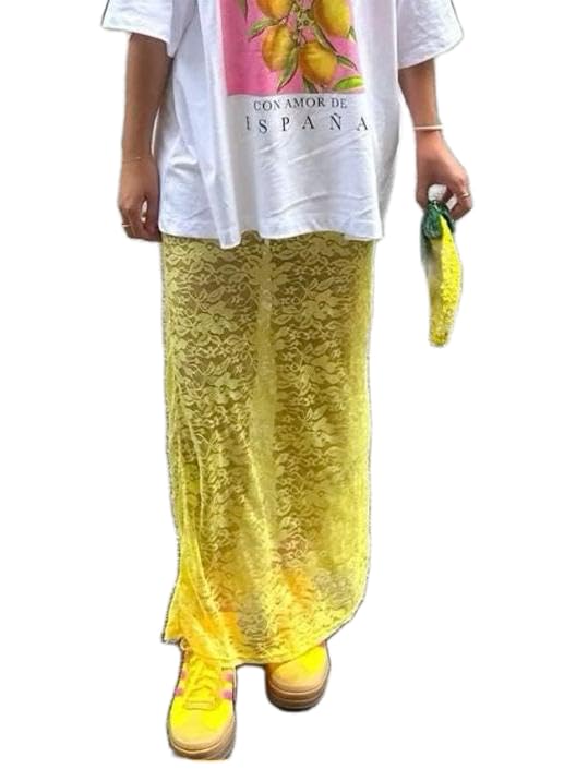Women Y2k Lace Long Skirt Sheer Mesh See Through Maxi Skirt Floral Lace Bodycon Skirt Vintage Streetwear
