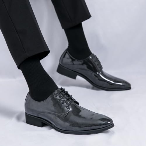 Mens Retro Printed Patent Leather Lace Up Dress Oxfords Shoes Low Top Pointed Toe Non-Slip Chunky Heels Casual Dreby Shoes for Formal Business Wedding4