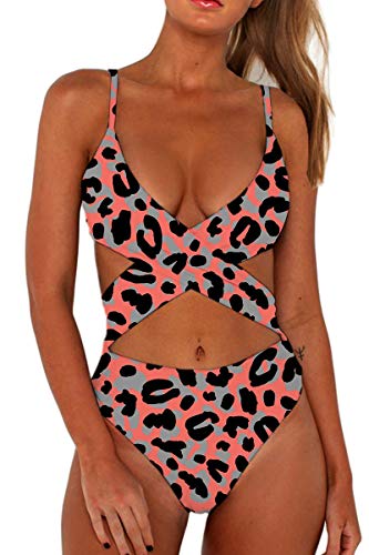 CHYRII Women's One Piece Swimsuit Sexy Low Back Criss Cross Front High Cut Cheeky Swimwear Bathing Suits Leopard-2 M
