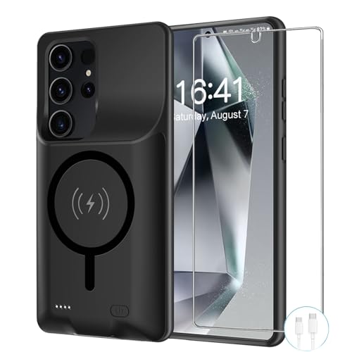 Battery Case for Galaxy S24 Ultra, 12000mAh Extended Portable Protective Case Backup Power Bank Wireless Charger Case Compatible with Galaxy S24 Ultra 6.8inch Charging Case with Screen Protector-Black