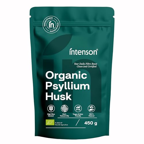 Intenson Psyllium Husk Orgánico, 450 g, Certificado Orgánico UE, Alto Contenido en Fibra, 100% Natural, Vegano, Apto para Dieta Keto, Sin Gluten, Sin Aditivos