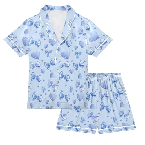 Light Blue Bows Summer Satin Pajama Set, Cute Button-Down Sleepwear Pj Set for Sleep Wears