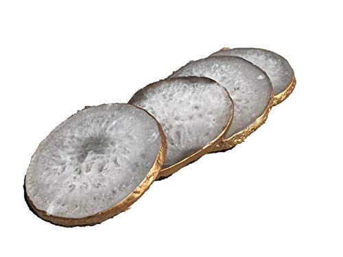 🔥 Cashback up to 70% Agate Coaster Set of 4 - Gold Plated Authentic Brazilian Agate Coasters - White