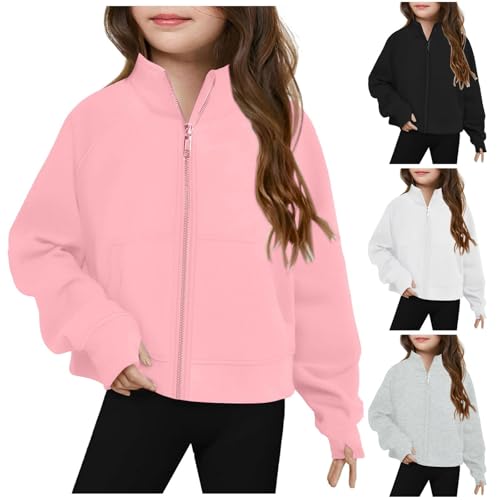 Teen Girls Cropped Sweatshirts Full Zipper Windproof Plain Coats with Pockets Kids Preppy High Neck Jackets Clothes