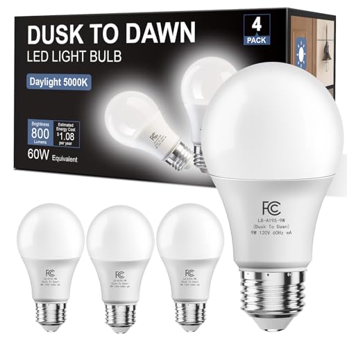 DAYBETTER 4 Pack A19 Dusk to Dawn Light Bulbs Outdoor Auto On/Off Photocell Sensor LED Light Bulb for Porch & Security Lighting 60W Equivalent Energy Efficient 9W Daylight 5000K E26 Base