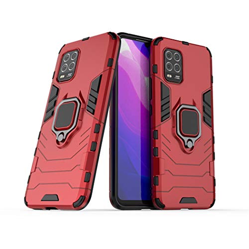 LuluMain Compatible con Xiaomi Mi 10 Lite 5G Funda, Anillo Metálico Sujeción Soporte Antichoque Caja (Funciona con el Montaje de Coche Magnético) Doble Capa Case Carcasa (Rojo)