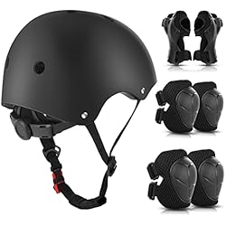 Equipacion Hockey Patines Niños WayEee Equipo de Protección Infantil 7PCS, Protecciones Patines incluye Casco Rodilleras Coderas y Muñequeras para Ciclismo Monopatín Patinaje y otros Deportes(Negro)